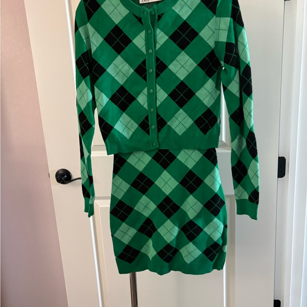 Zara Green and Black Argyle Knit Dress